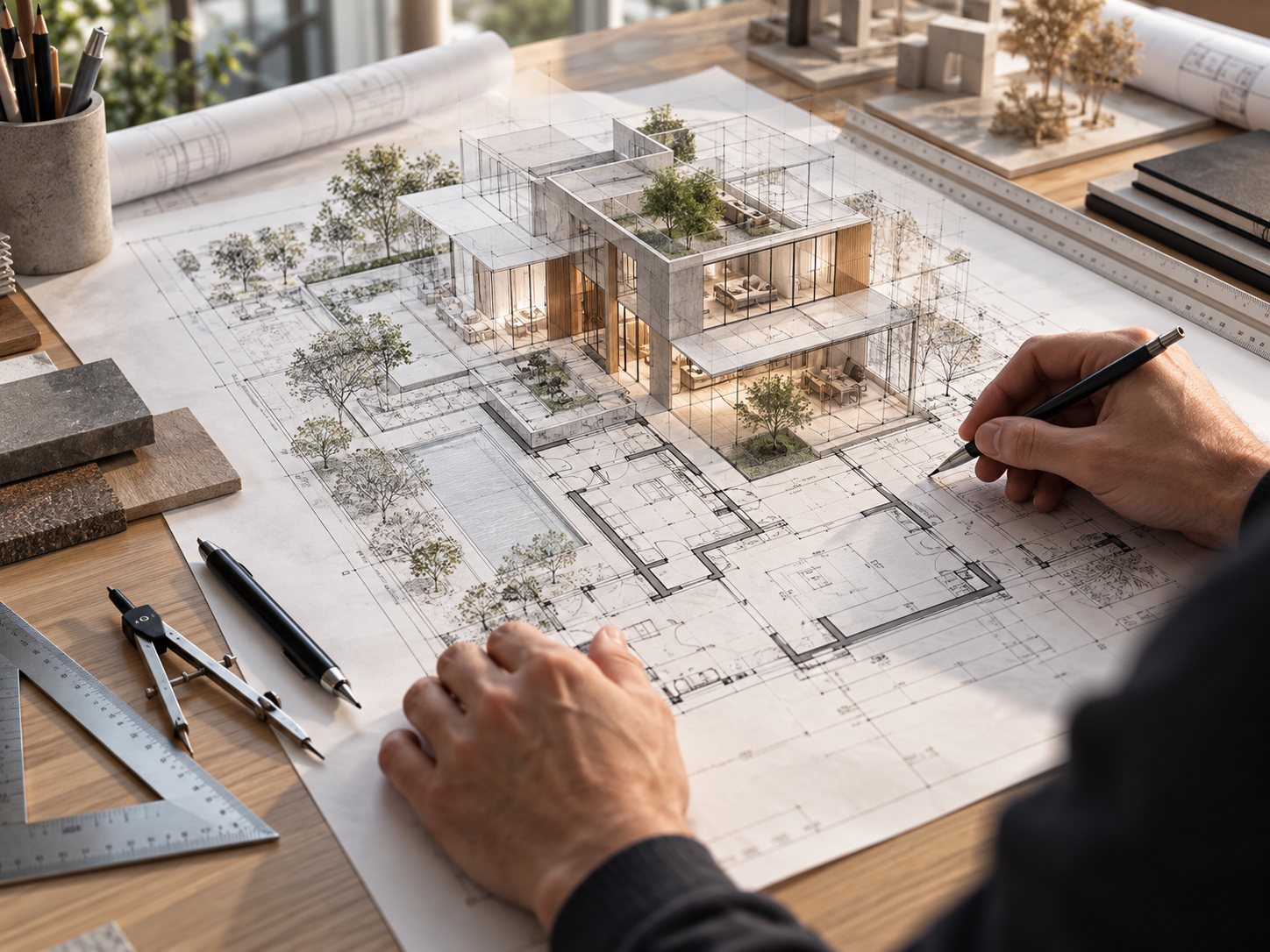Illustrazione di un progetto architettonico: pianta su carta e modello tridimensionale dell edificio